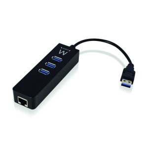 Hub USB Ewent RJ45 + 3 Portas USB 3.1 Gen1 (USB 3.0) Preto