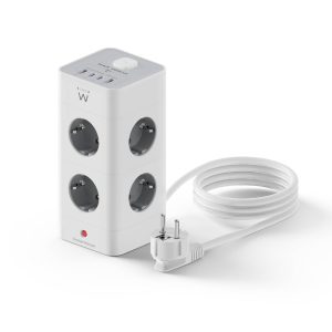 Bloco Tomada Ewent EW3864 Power Tower 8 Tomadas Schuko 16A + 2 USB-A + 2 USB-C 2m Branca/Cinza